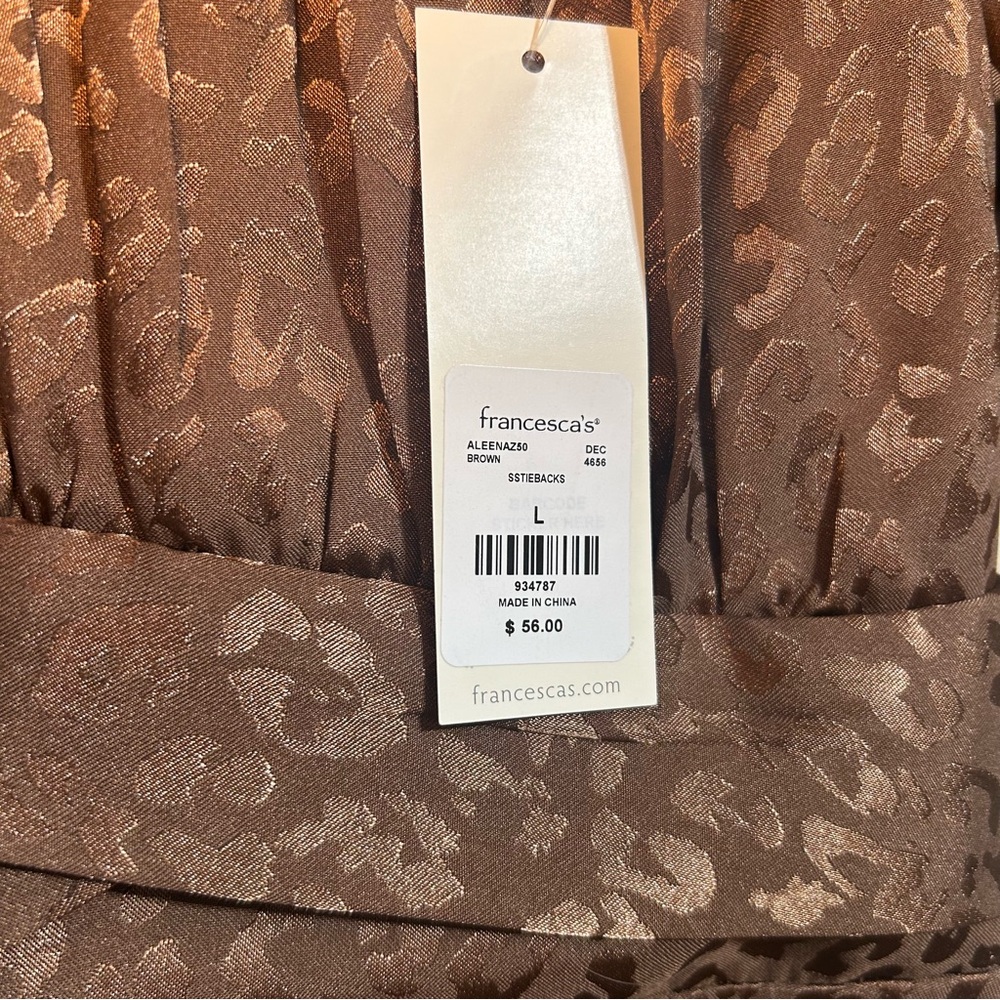 Francesca's Brown Satin Cheetah Print Mini Dress Bubble Sleeves Size Large NWT - Picture 9 of 14